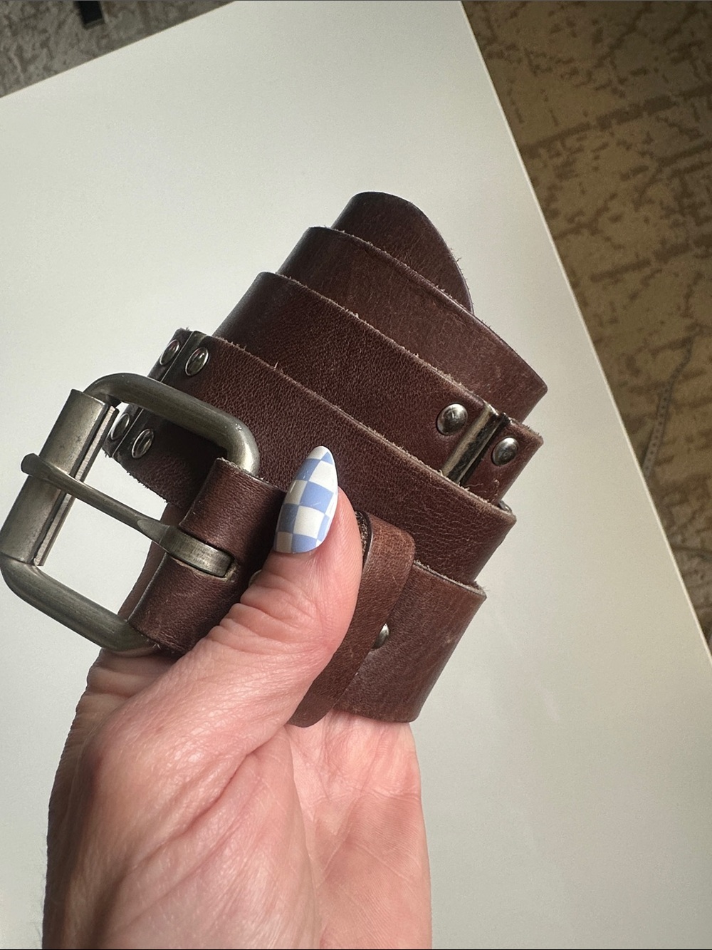 Women's Brown Leather Belt with Metal Buckle and Accents